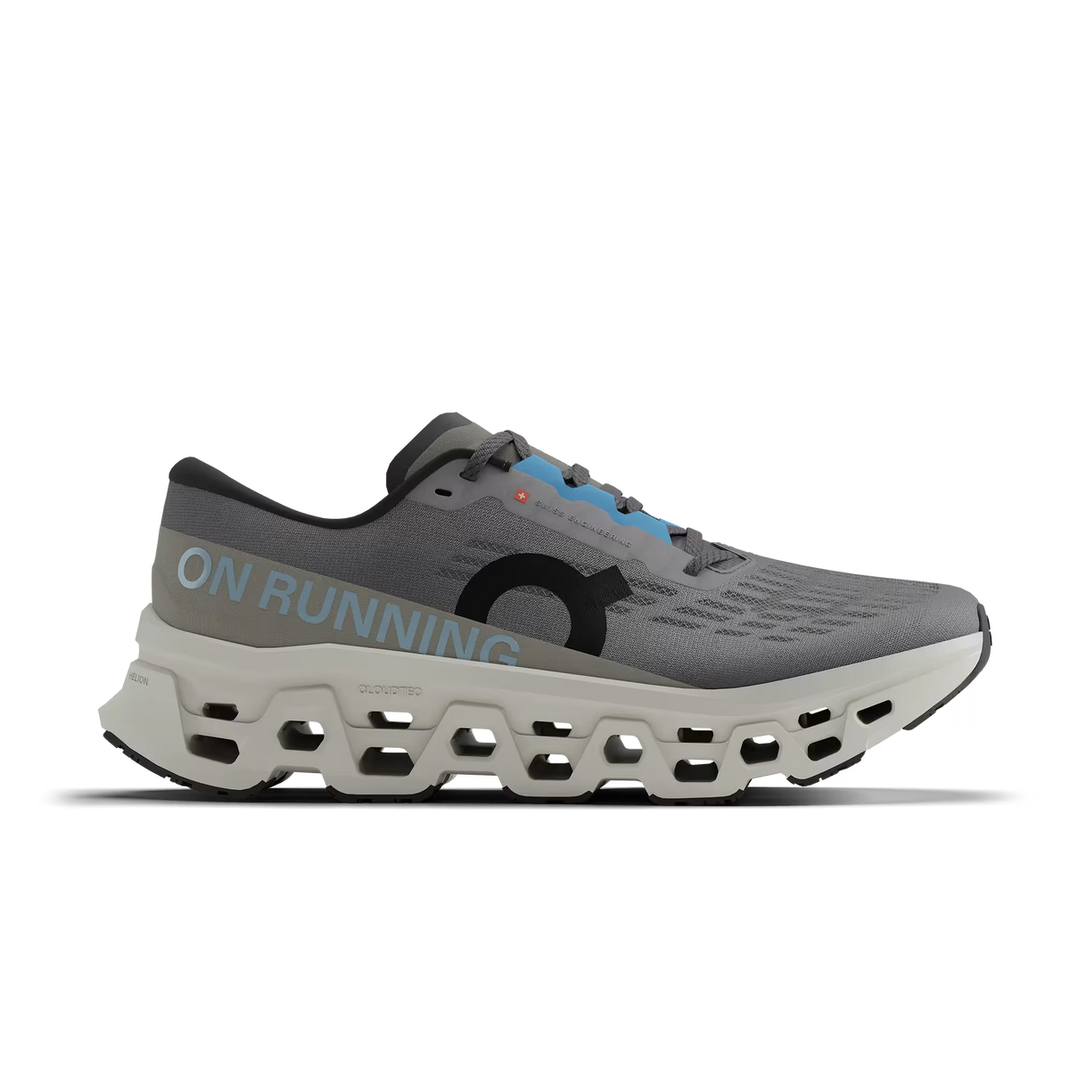 Men's On Running. Cloudmonster 3. Grey upper. Off White midsole. Lateral view.