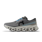 Men's On Running. Cloudmonster 3. Grey upper. Off White midsole. Medial view.