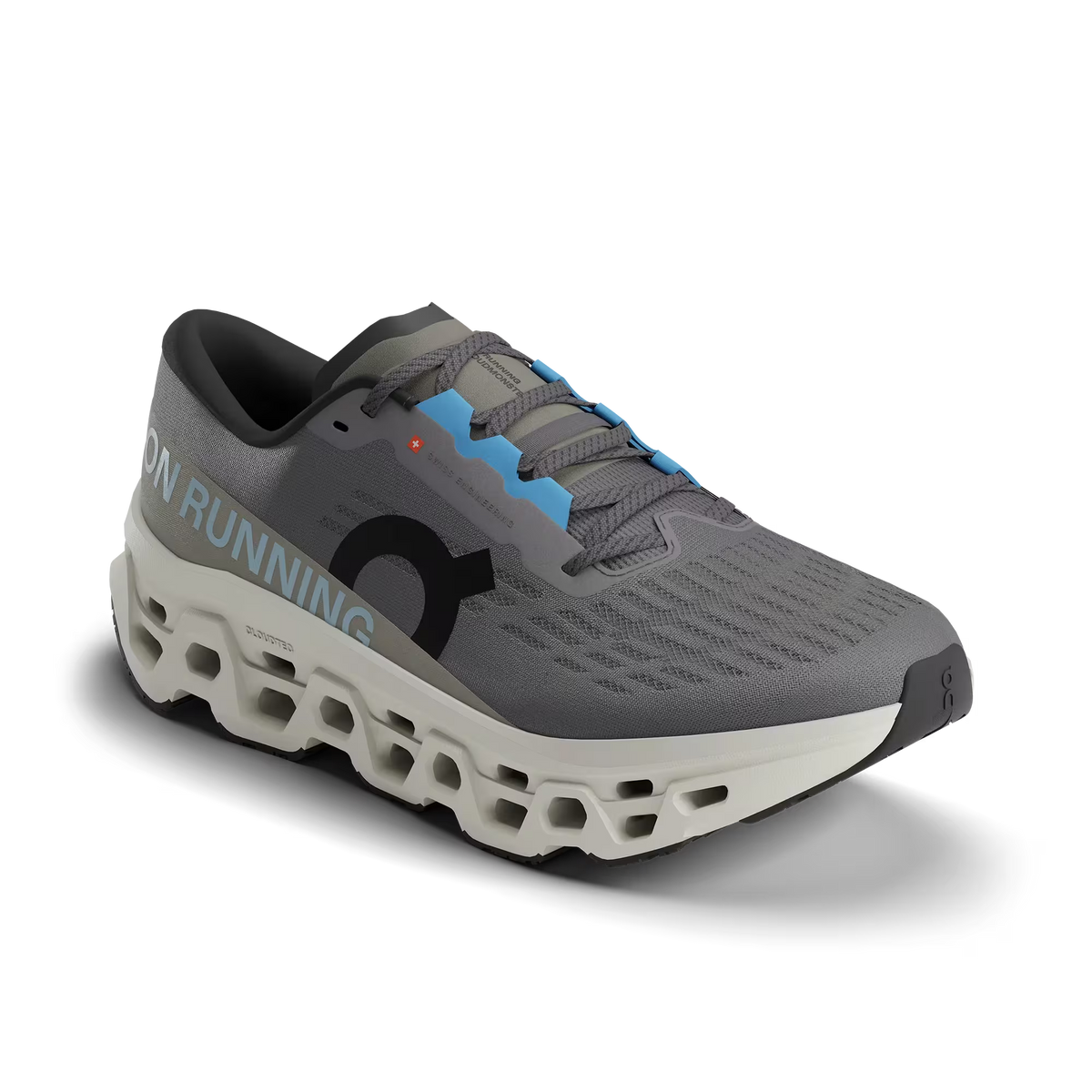 Men's On Running. Cloudmonster 3. Grey upper. Off White midsole. Lateral view.