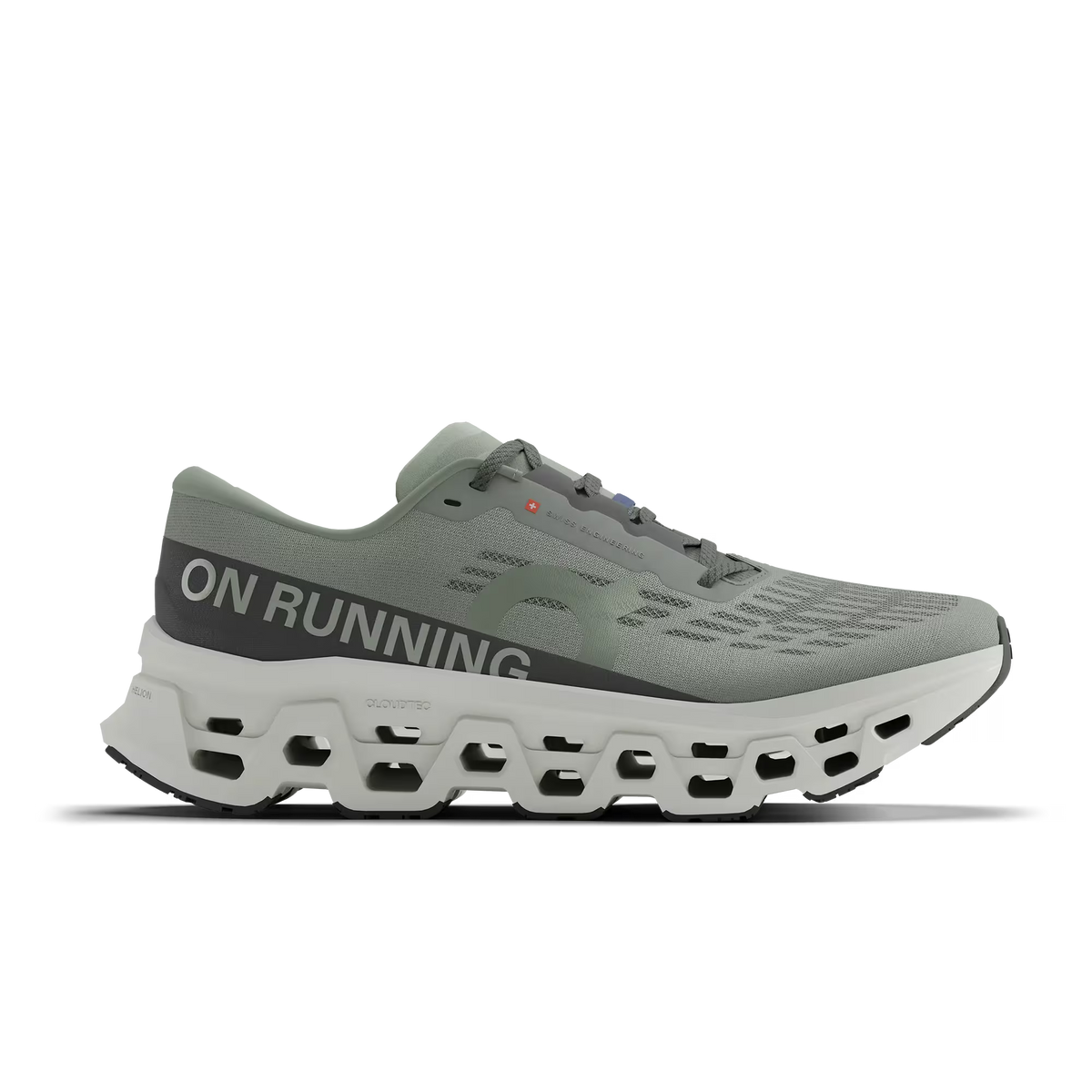 Men's On Running. Cloudmonster 3. Grey upper. Off White midsole. Lateral view.