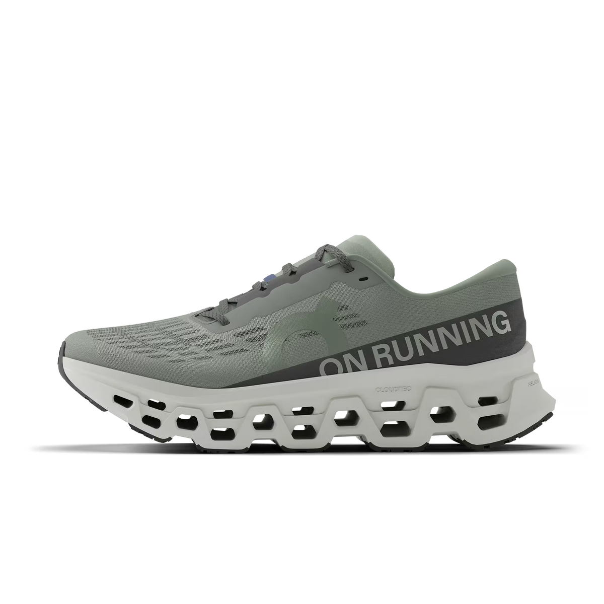 Men's On Running. Cloudmonster 3. Grey upper. Off White midsole. Medial view.