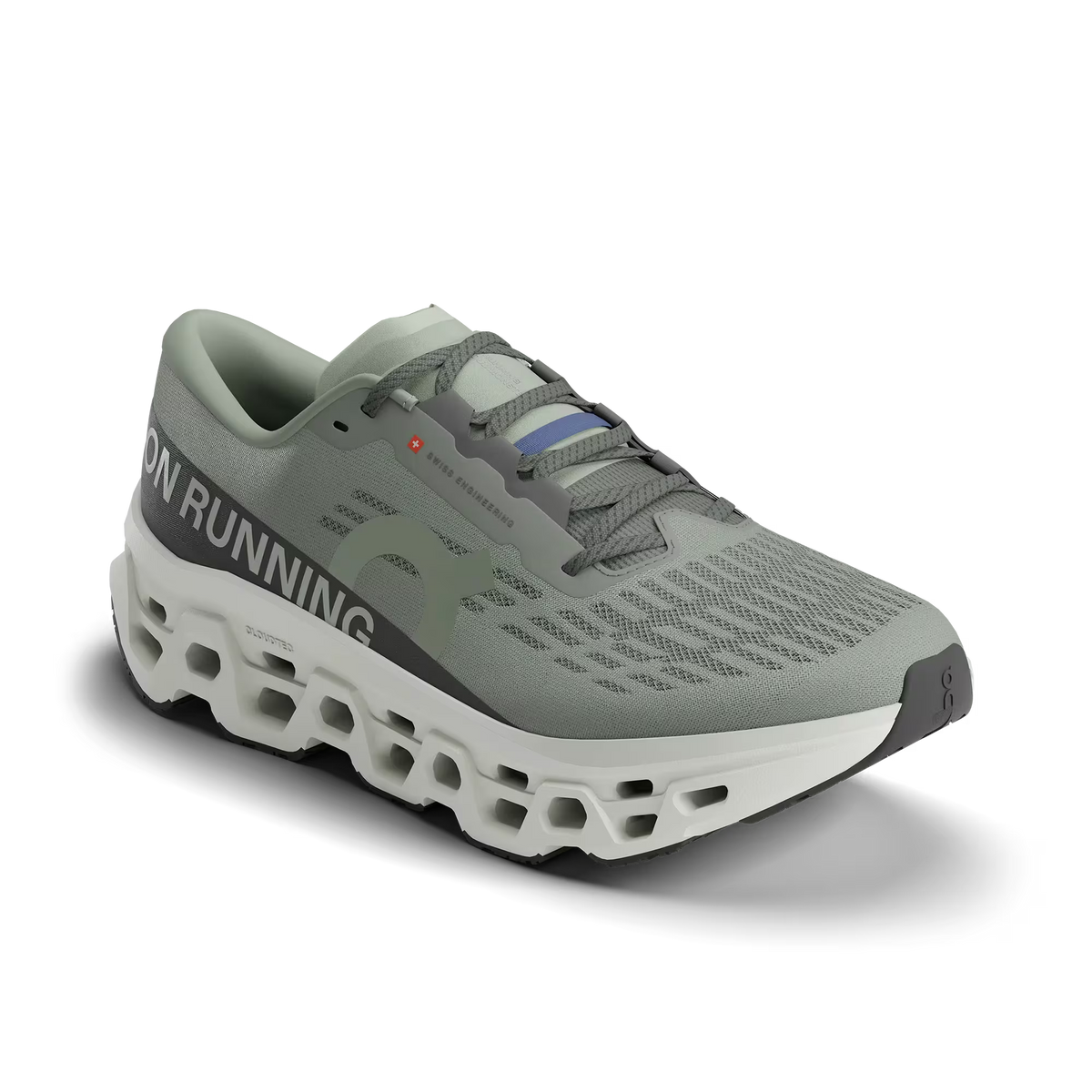 Men's On Running. Cloudmonster 3. Grey upper. Off White midsole. Lateral view.