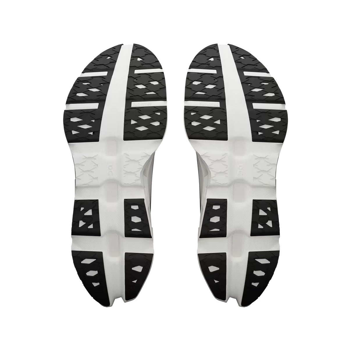 Men's On Running. Cloudmonster 3 Hyper. Black upper. White midsole. Bottom view.