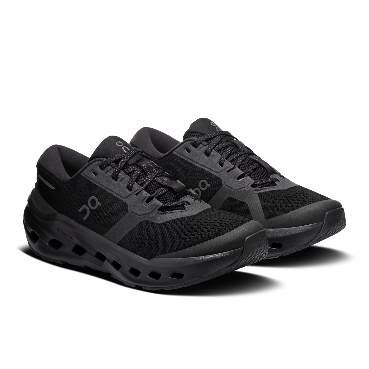 Men's On Running Cloudrunner 3. Black upper. Black midsole. Lateral view.