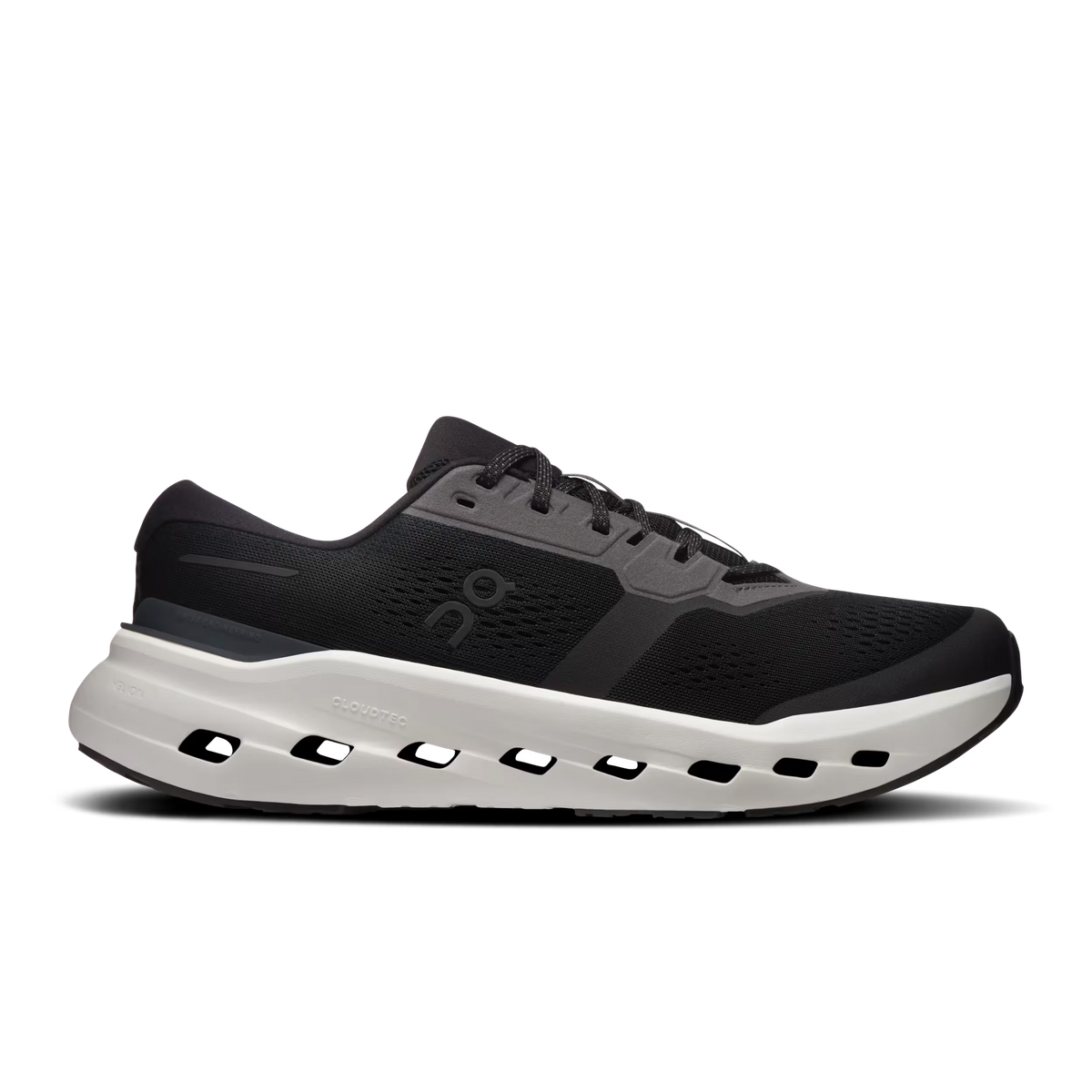 Men's On Running Cloudrunner 3. Black upper. White midsole. Lateral view.