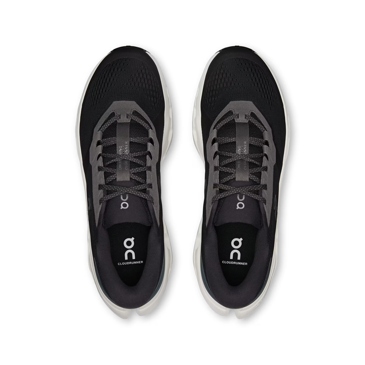 Men's On Running Cloudrunner 3. Black upper. White midsole. Top view.