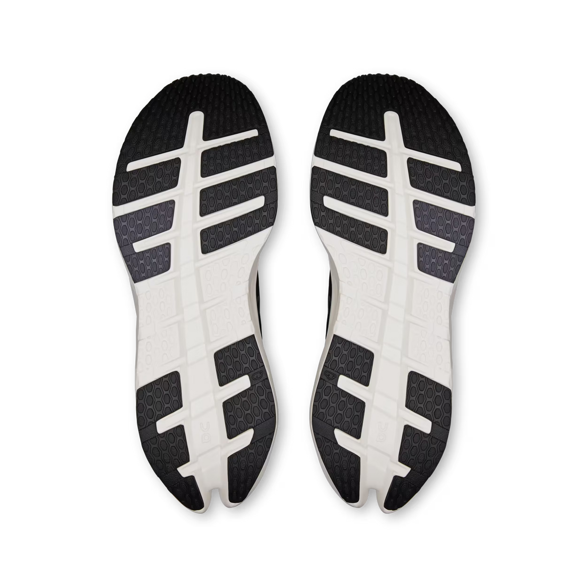 Men's On Running Cloudrunner 3. Black upper. White midsole. Bottom view.