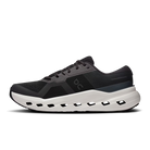 Men's On Running Cloudrunner 3. Black upper. White midsole. Medial view.
