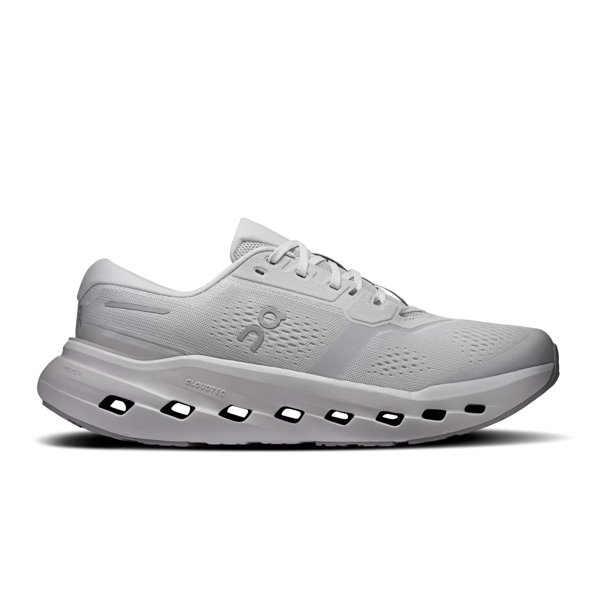 Men's On Running Cloudrunner 3. Light Grey upper. White midsole. Lateral view.