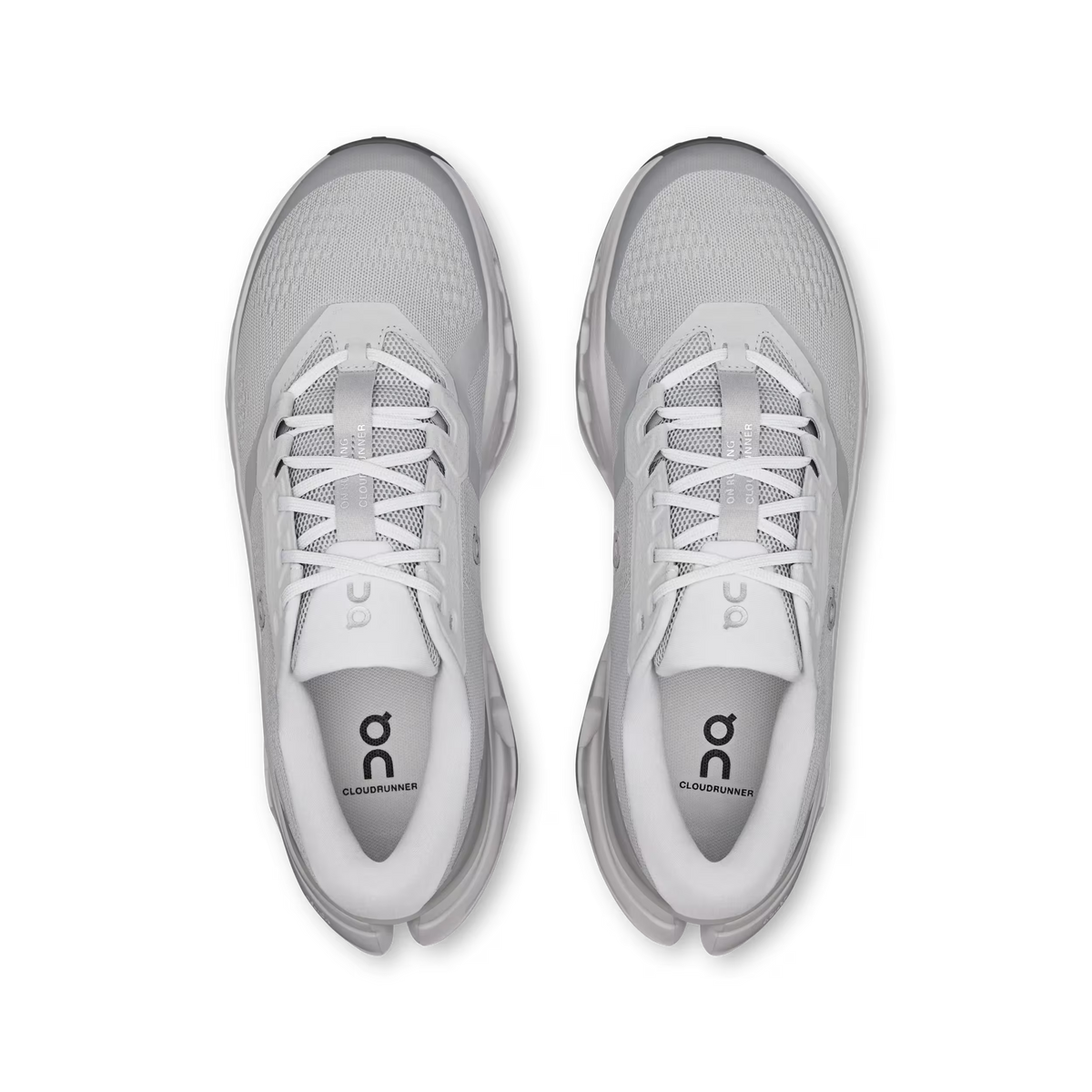Men's On Running Cloudrunner 3. Light Grey upper. White midsole. Top view.