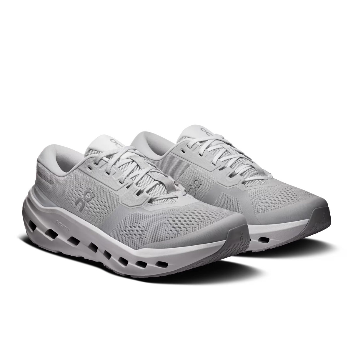 Men's On Running Cloudrunner 3. Light Grey upper. White midsole. Lateral view.
