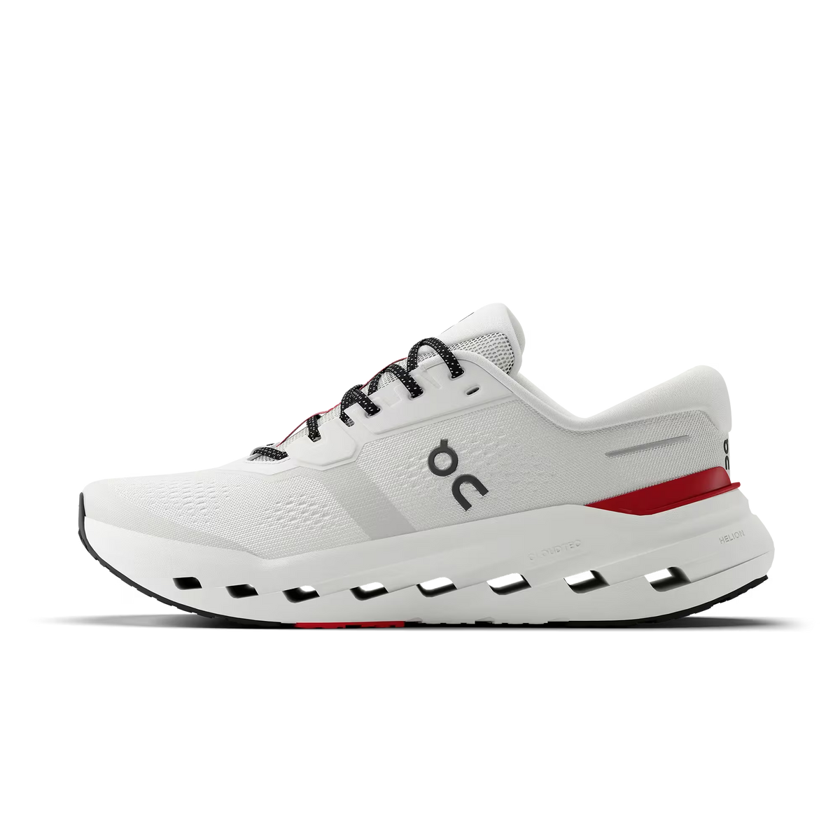 Men's On Running Cloudrunner 3. White upper. White midsole. Medial view.