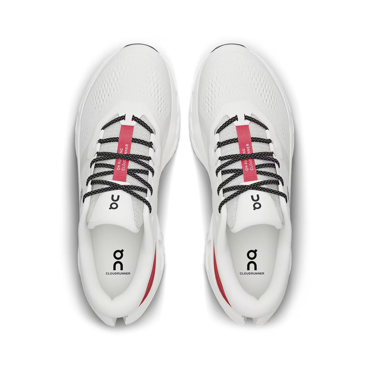Men's On Running Cloudrunner 3. White upper. White midsole. Top view.