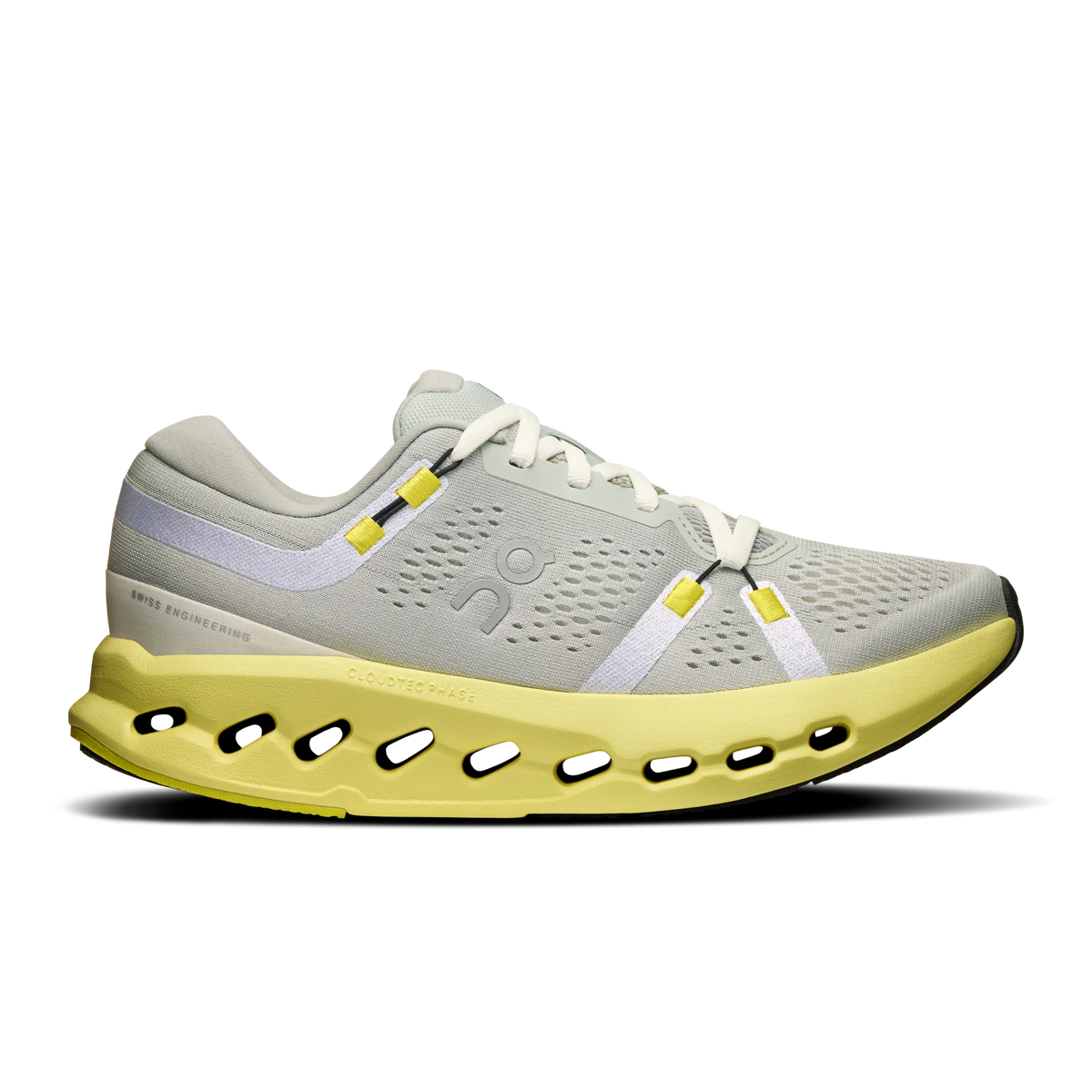 Women's On Cloudsurfer 2. Grey upper. Yellow midsole. Lateral view.