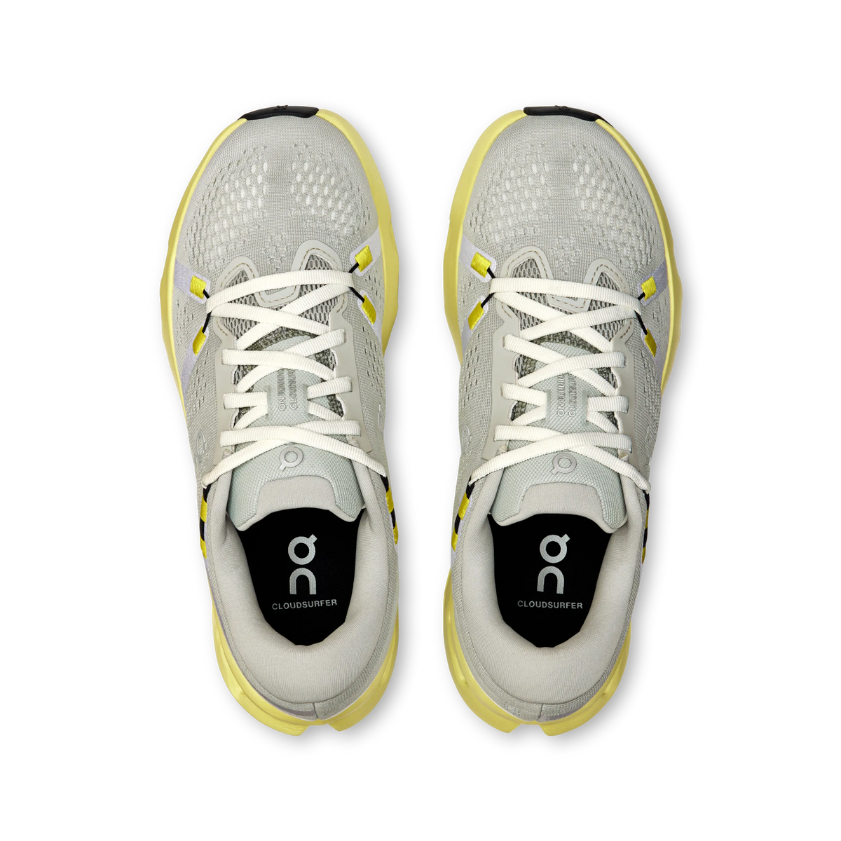 Women's On Cloudsurfer 2. Grey upper. Yellow midsole. Top view.