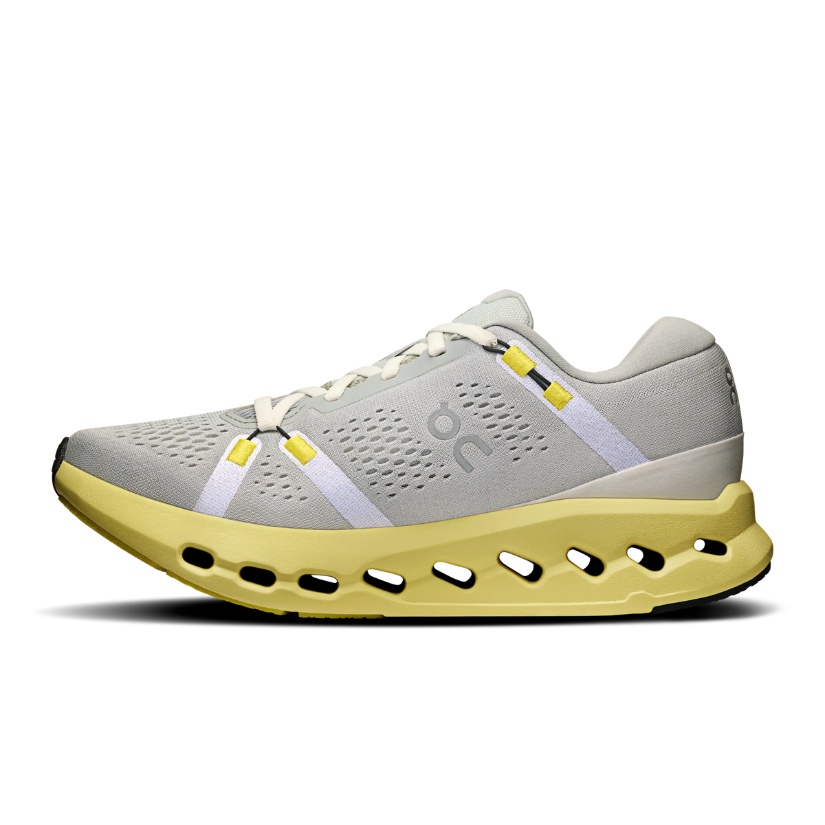 Women's On Cloudsurfer 2. Grey upper. Yellow midsole. Medial view.
