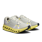 Women's On Cloudsurfer 2. Grey upper. Yellow midsole. Lateral view.
