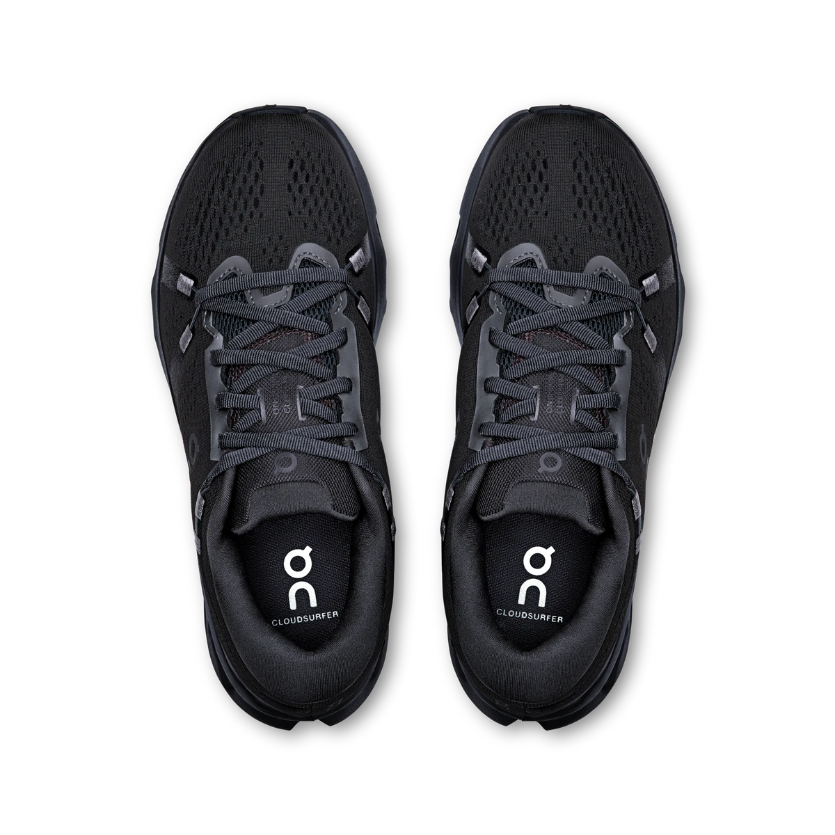 Women's On Cloudsurfer 2. Black upper. Black midsole. Top view.