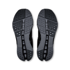 Women's On Cloudsurfer 2. Black upper. Black midsole. Bottom view.