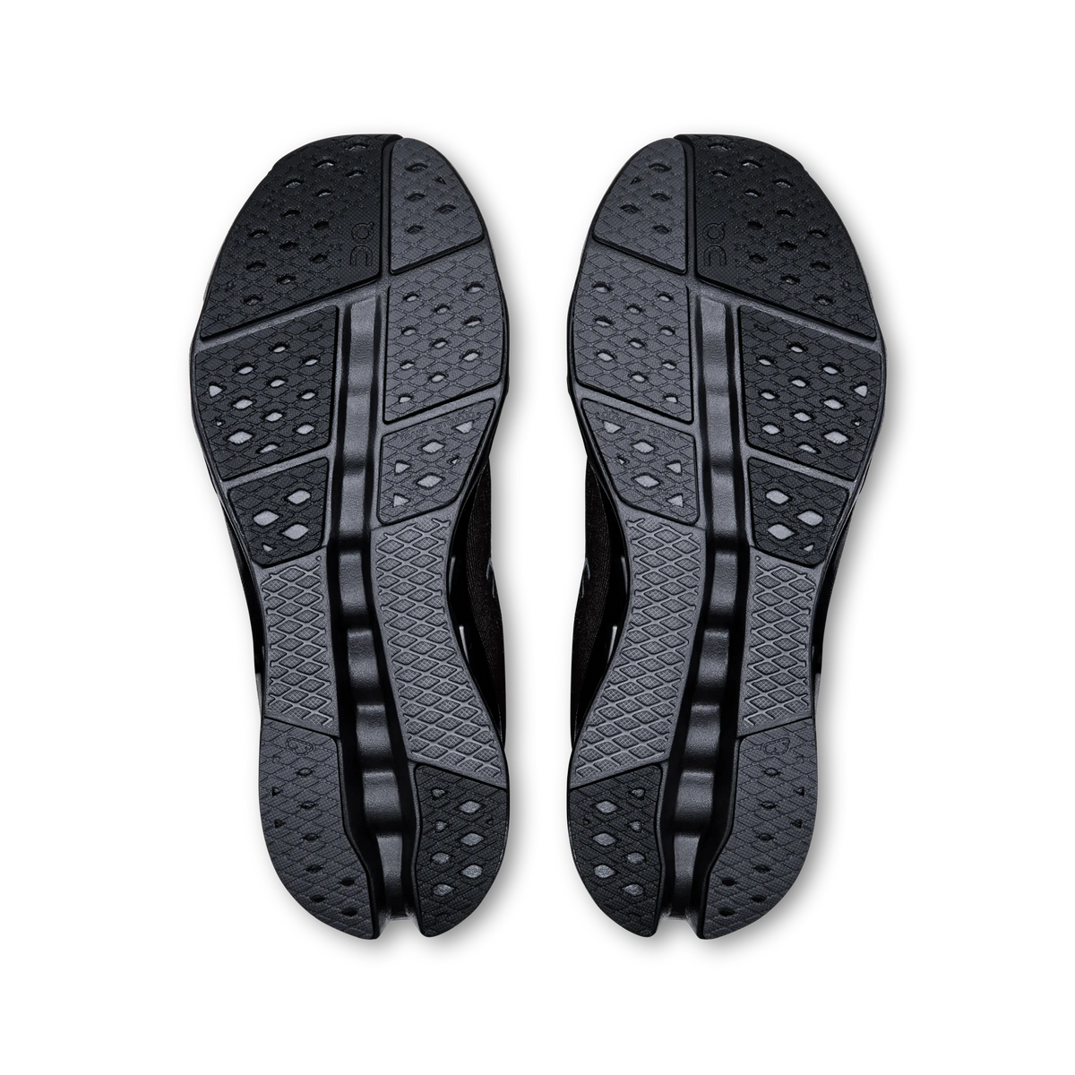 Women's On Cloudsurfer 2. Black upper. Black midsole. Bottom view.