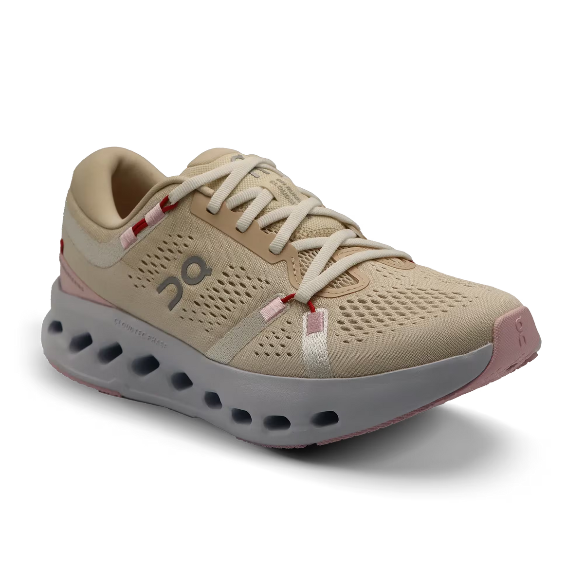 Women's On Cloudsurfer 2. Beige upper. White midsole. Lateral view.