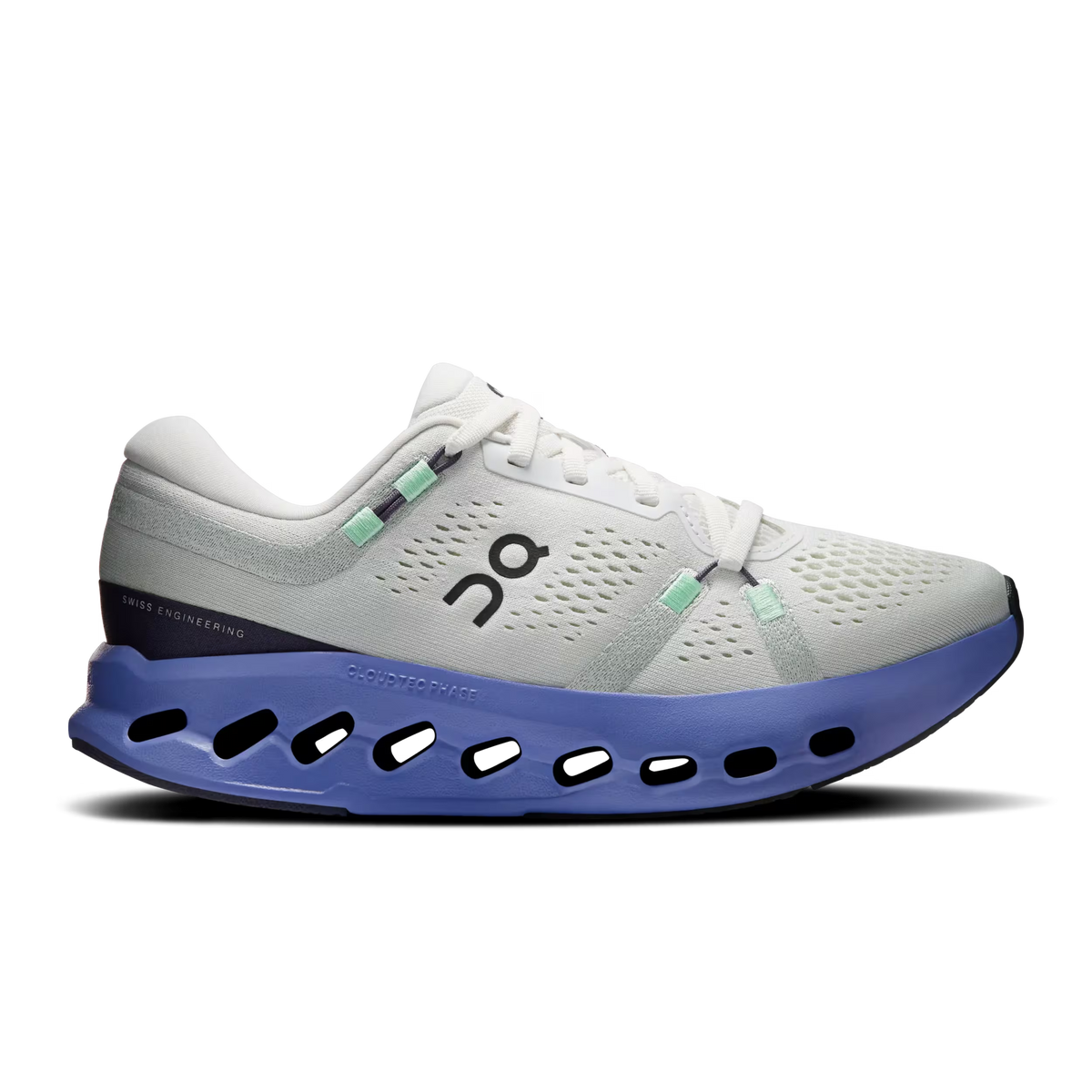 Women's On Cloudsurfer 2. White upper. Blue midsole. Lateral view.