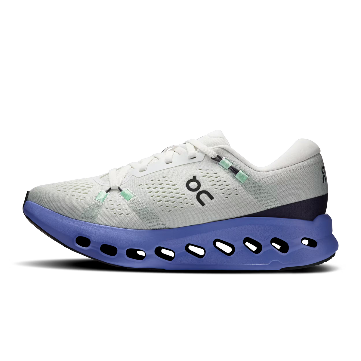 Women's On Cloudsurfer 2. White upper. Blue midsole. Medial view.