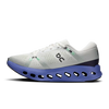 Women's On Cloudsurfer 2. White upper. Blue midsole. Medial view.