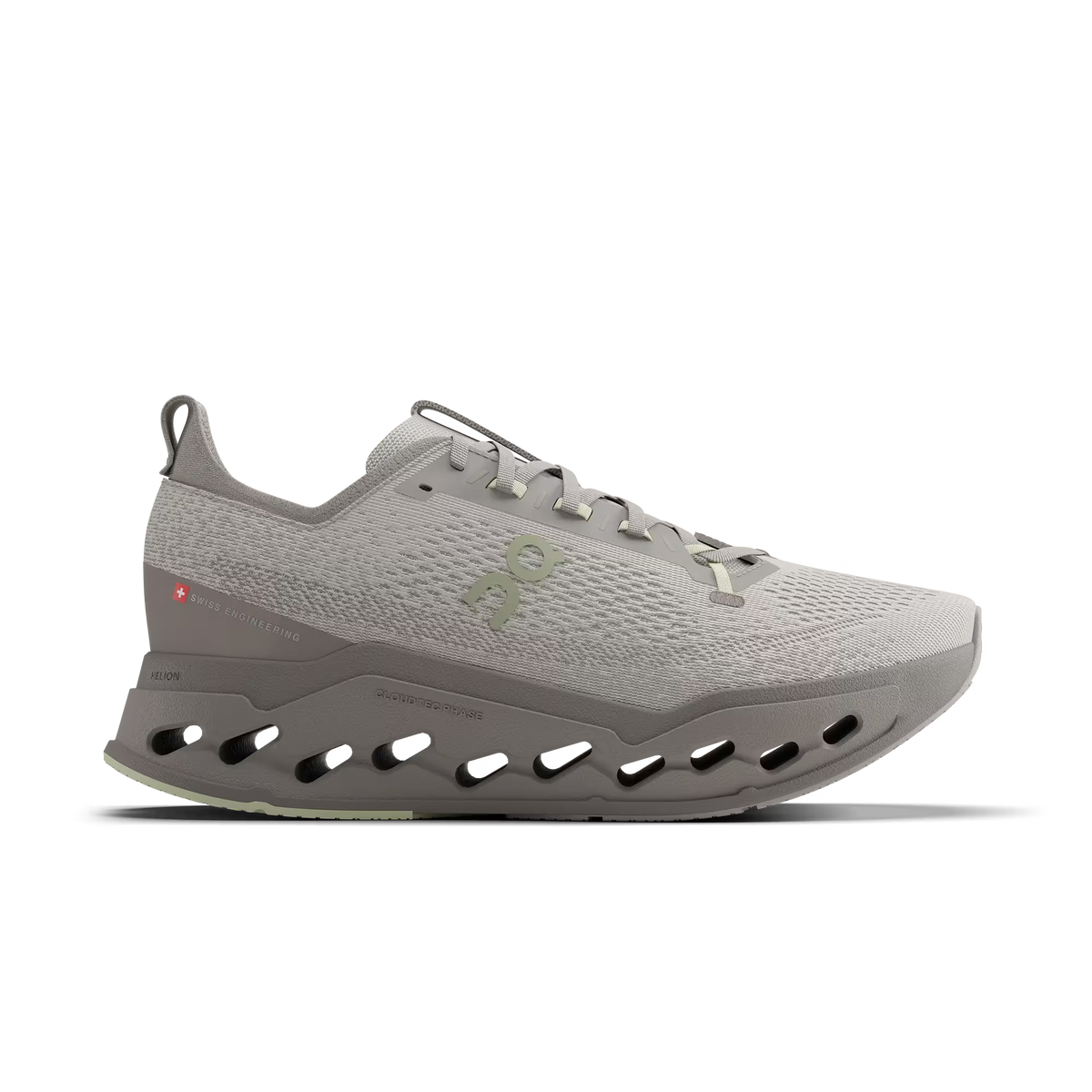 Women's On Running. Cloudsurfer Max. Light Grey upper. Grey midsole. Lateral view.