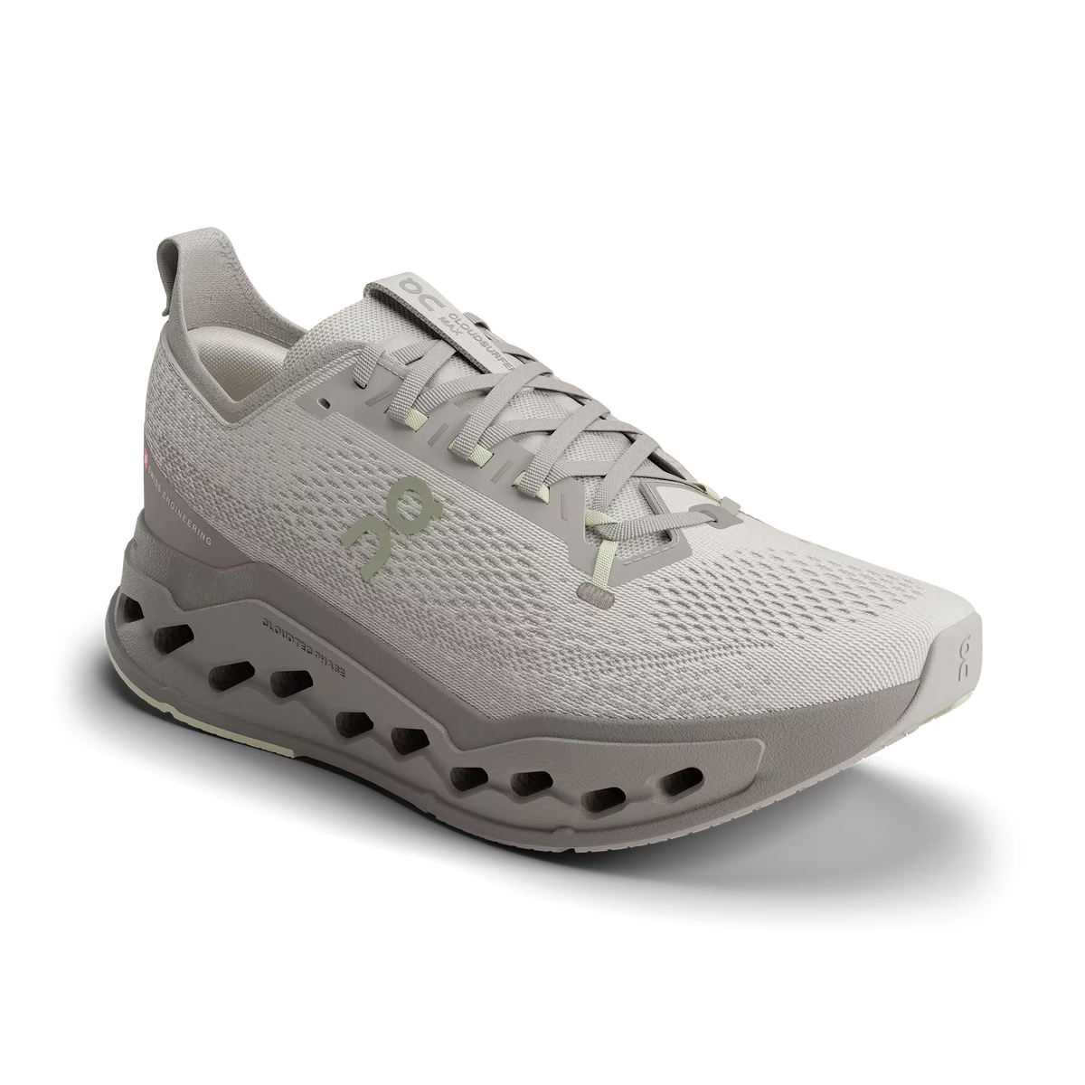 Women's On Running. Cloudsurfer Max. Light Grey upper. Grey midsole. Lateral view.
