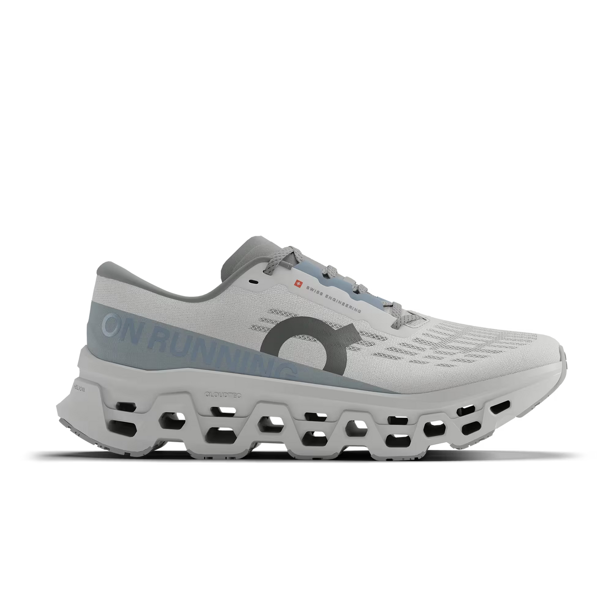 Women's On Running. Cloudmonster 3. White upper. White midsole. Lateral view.