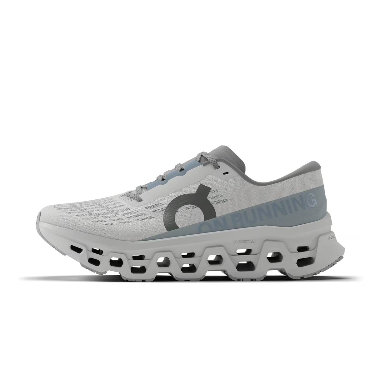 Women's On Running. Cloudmonster 3. White upper. White midsole. Medial view.