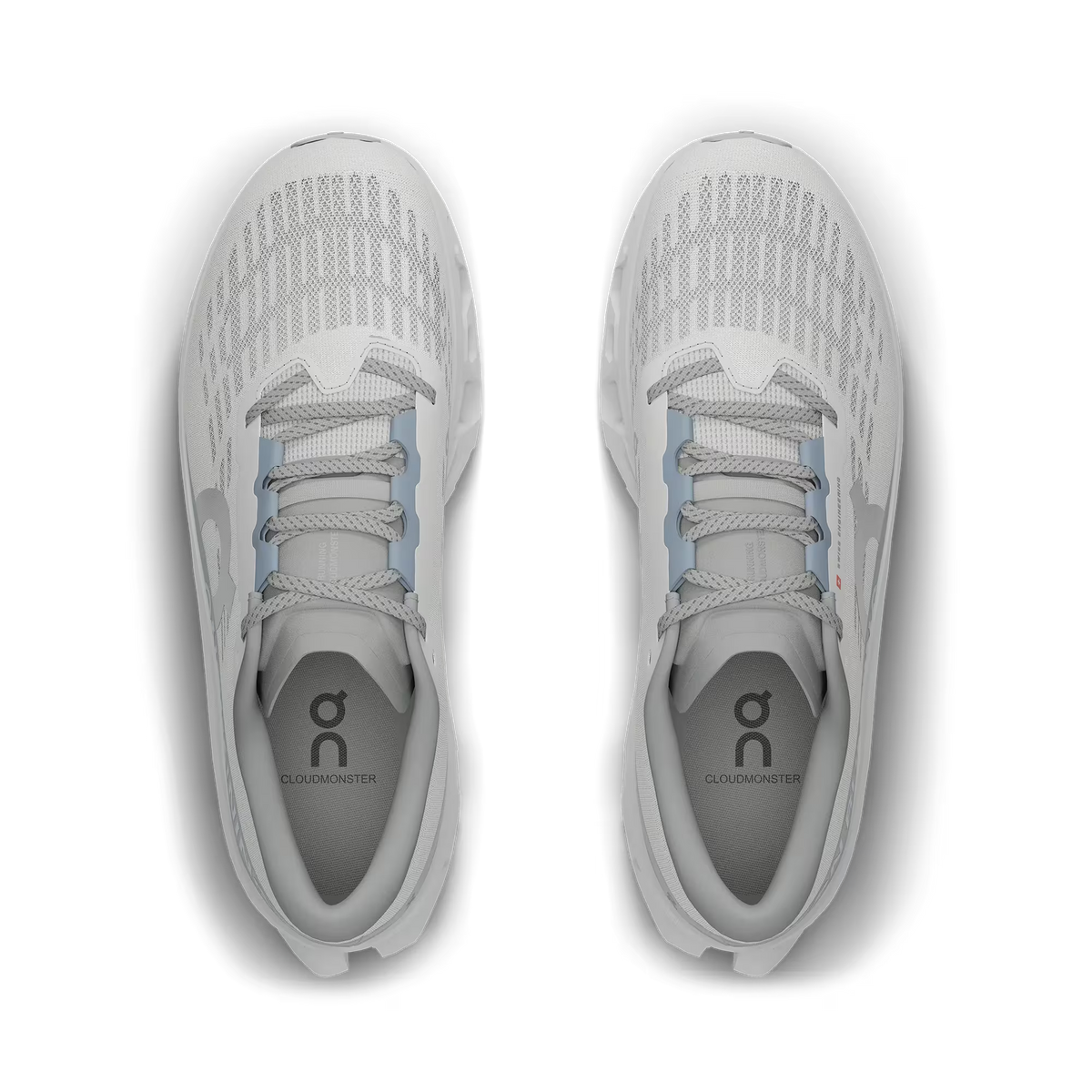 Women's On Running. Cloudmonster 3. White upper. White midsole. Top view.