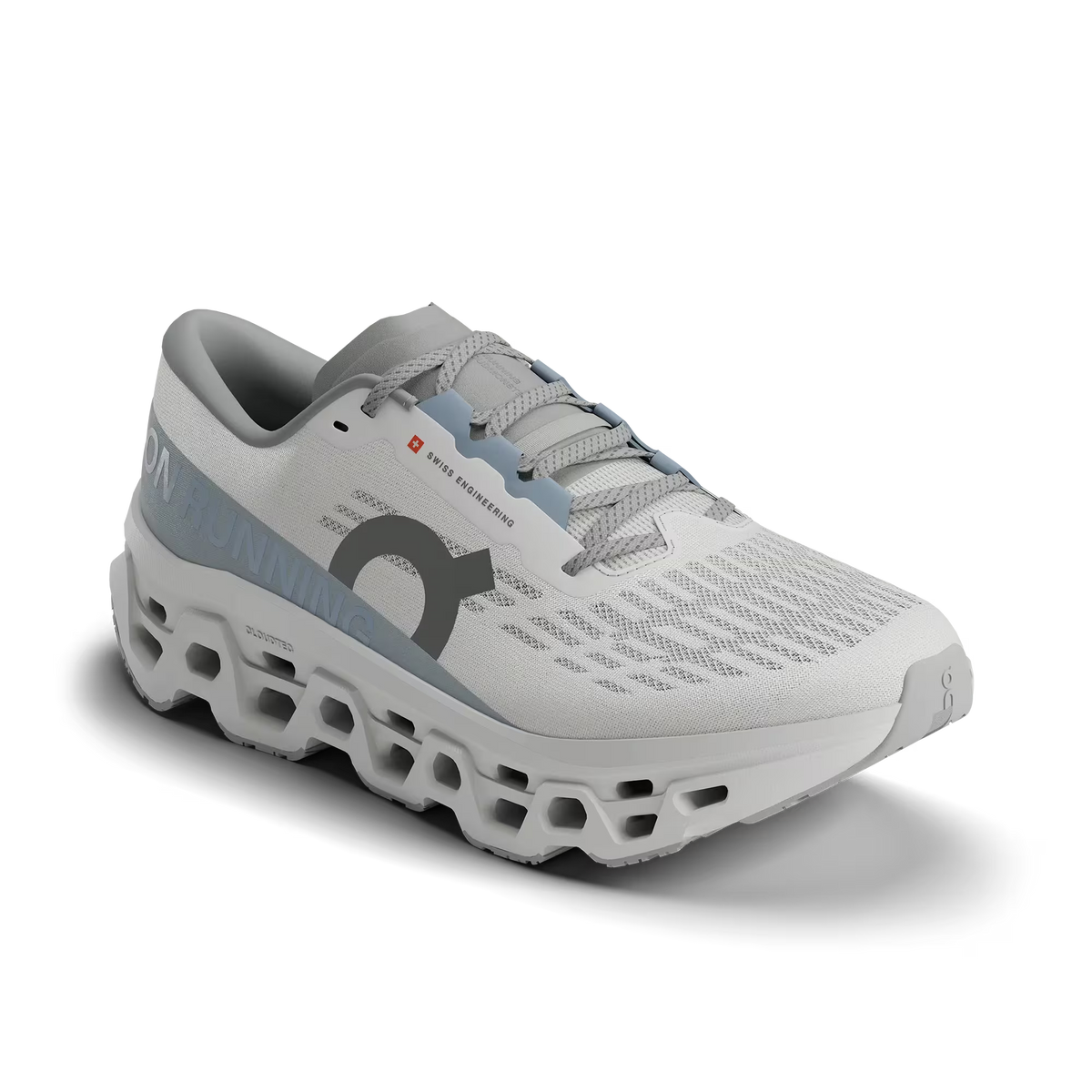 Women's On Running. Cloudmonster 3. White upper. White midsole. Lateral view.