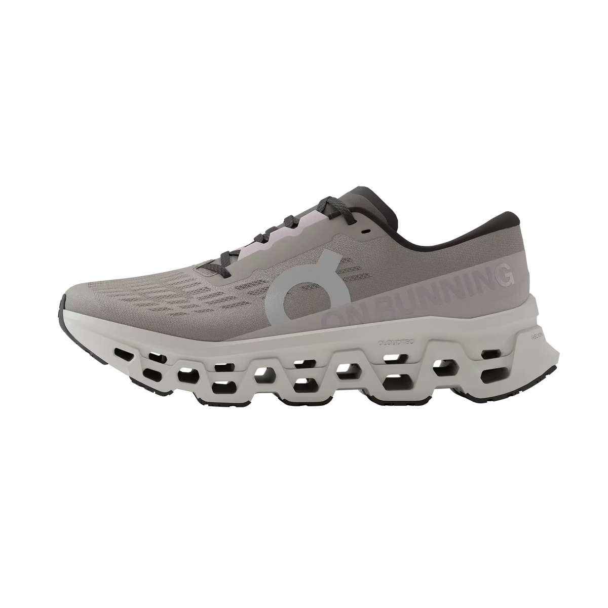 Women's On Running. Cloudmonster 3. Grey upper. Off White midsole. Medial view.