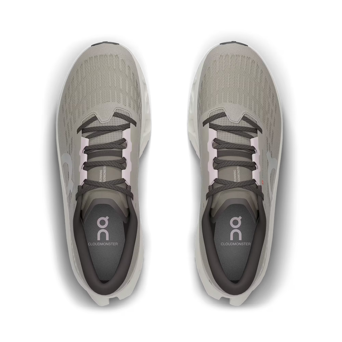 Women's On Running. Cloudmonster 3. Grey upper. Off White midsole. Top view.