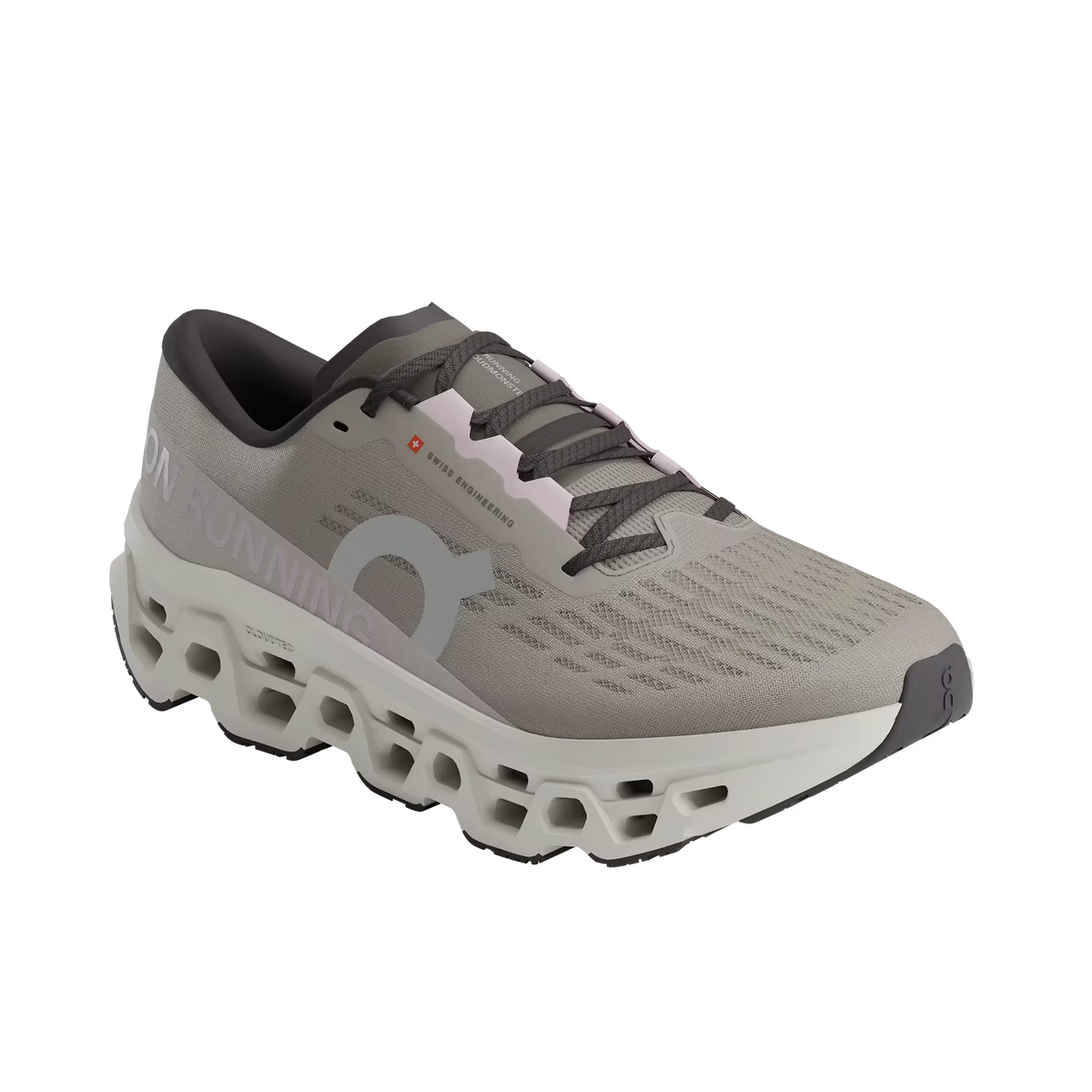 Women's On Running. Cloudmonster 3. Grey upper. Off White midsole. Lateral view.