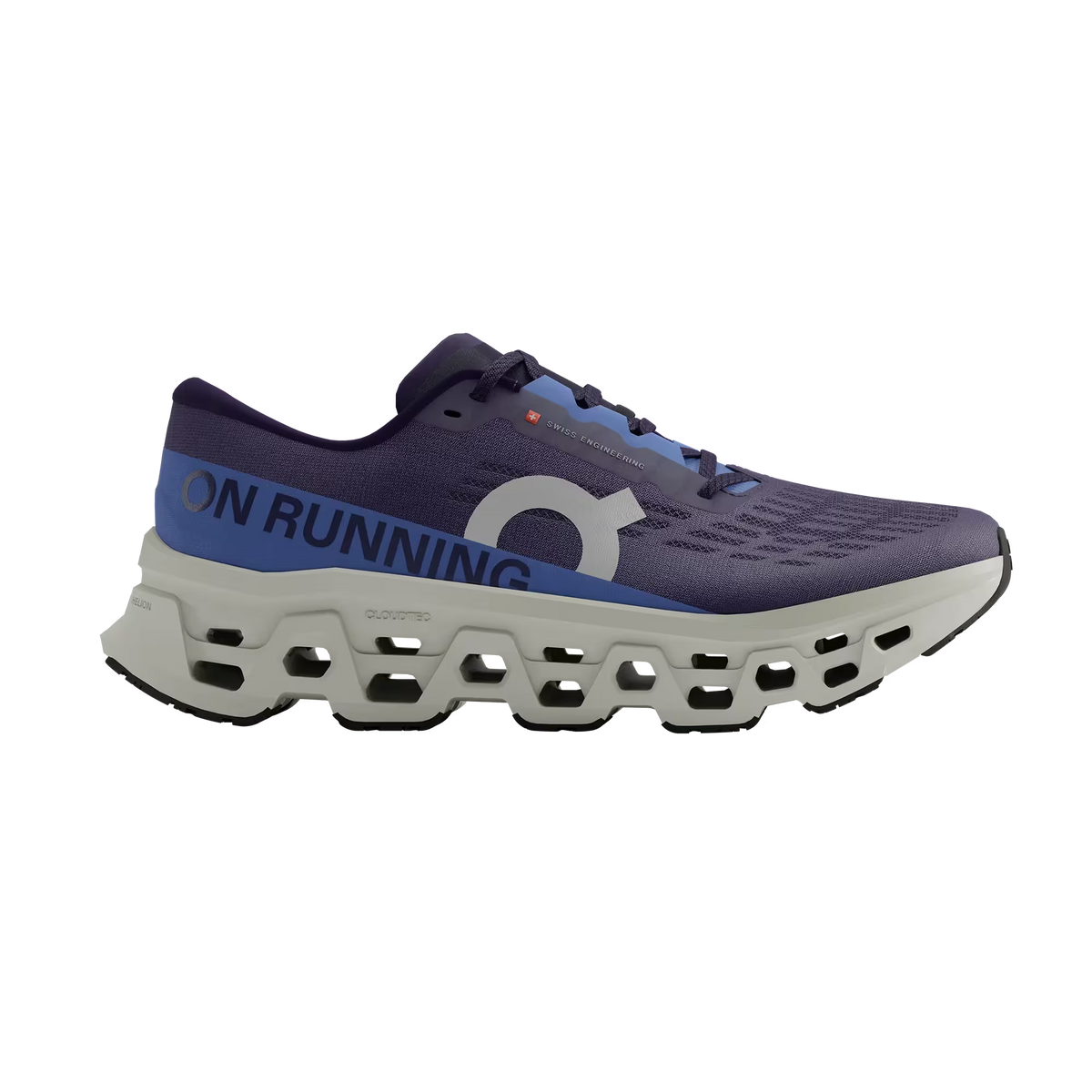 Women's On Running. Cloudmonster 3. Navy upper. Off White midsole. Lateral view.