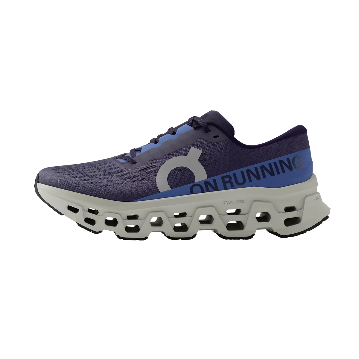 Women's On Running. Cloudmonster 3. Navy upper. Off White midsole. Medial view.