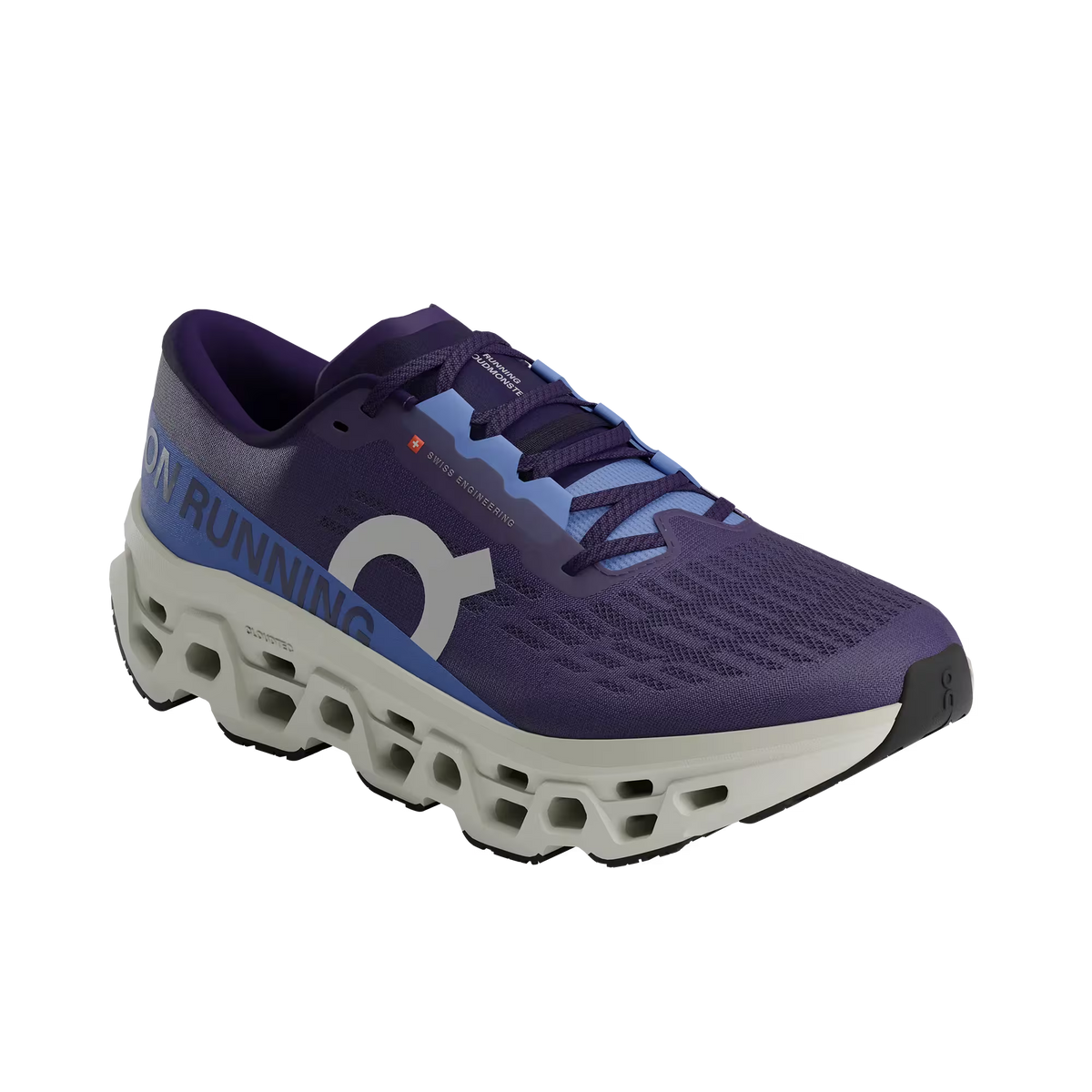 Women's On Running. Cloudmonster 3. Navy upper. Off White midsole. Lateral view.