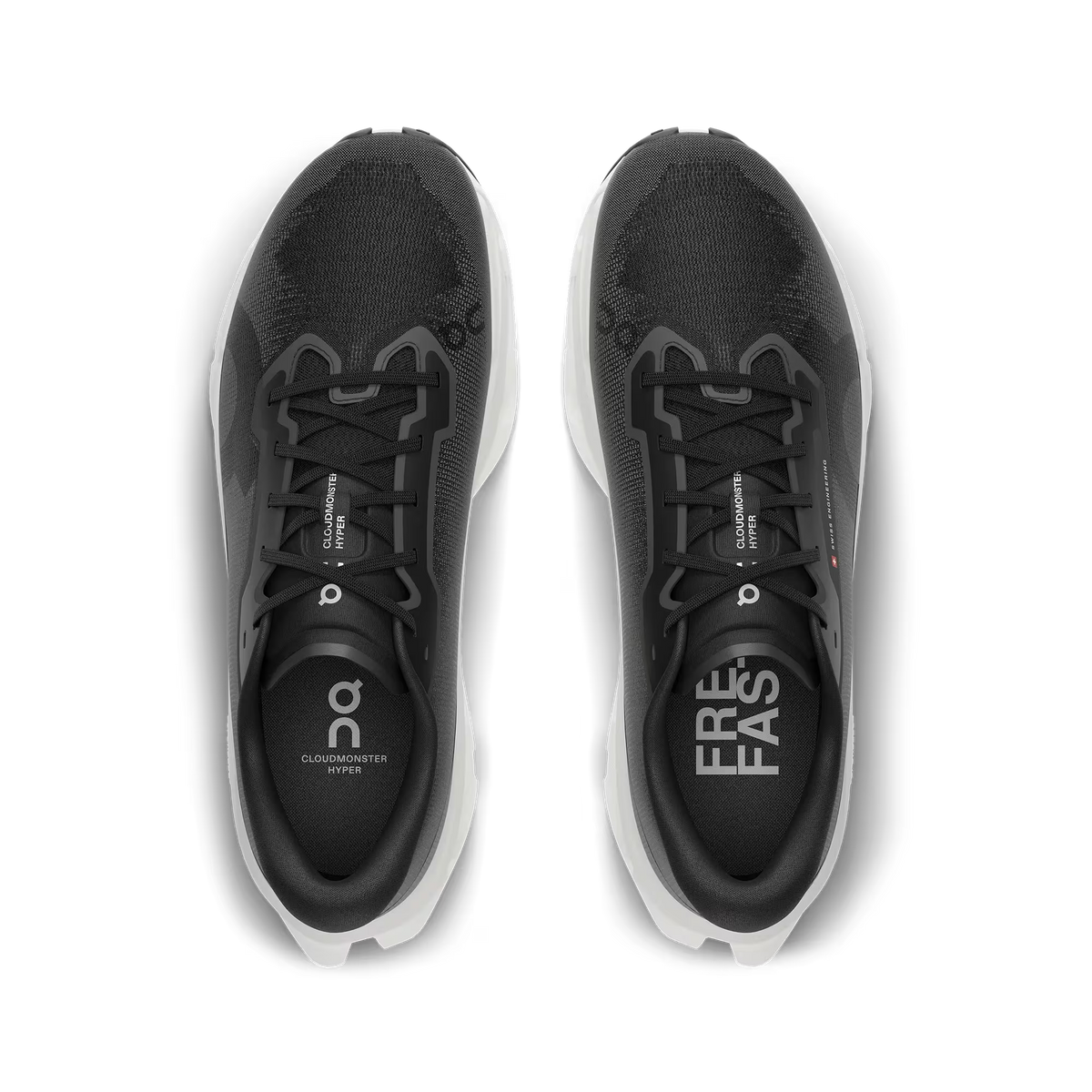 Women's On Running. Cloudmonster 3 Hyper. Black upper. White midsole. Top view.