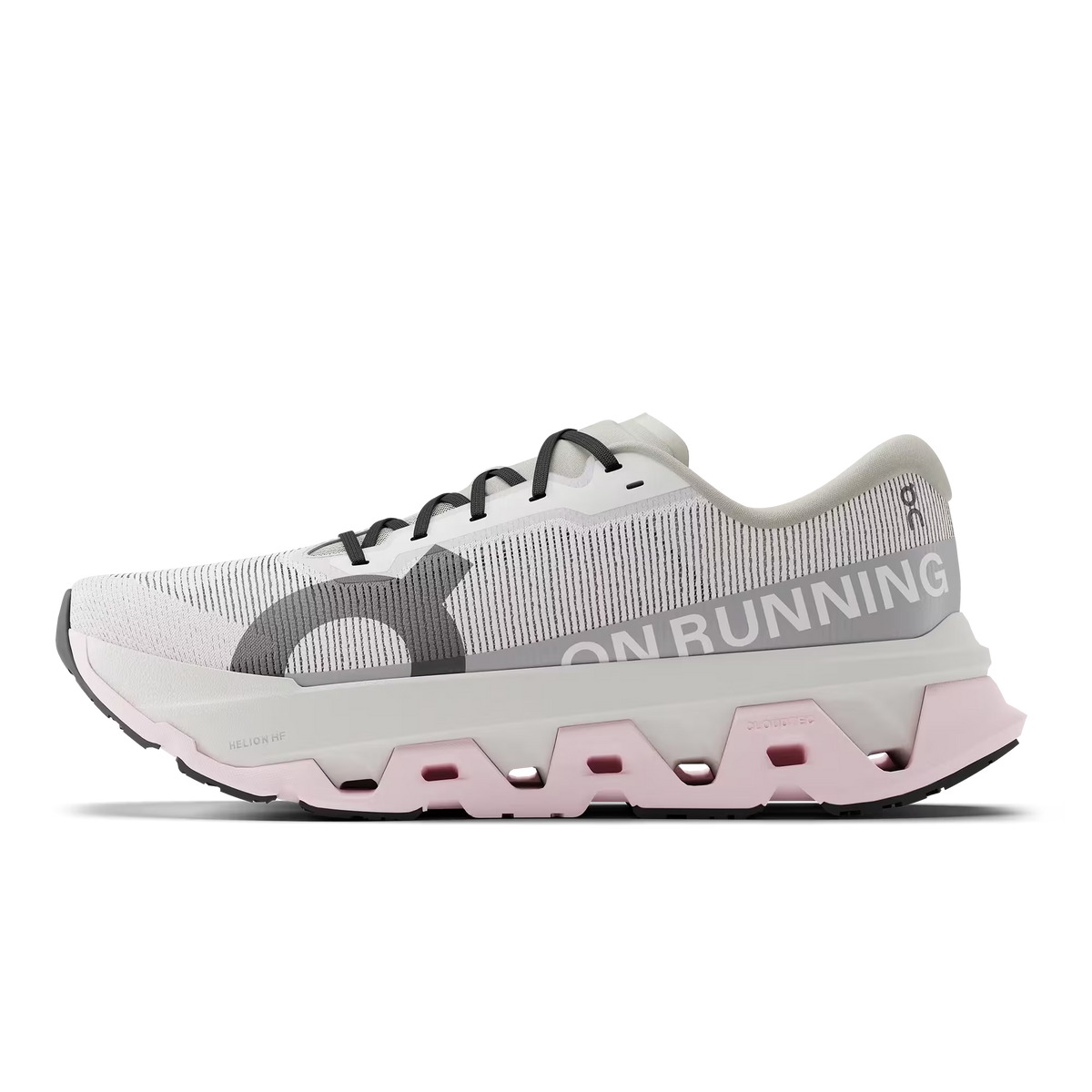 Women's On Running. Cloudmonster 3 Hyper. White upper. White midsole. Medial view.