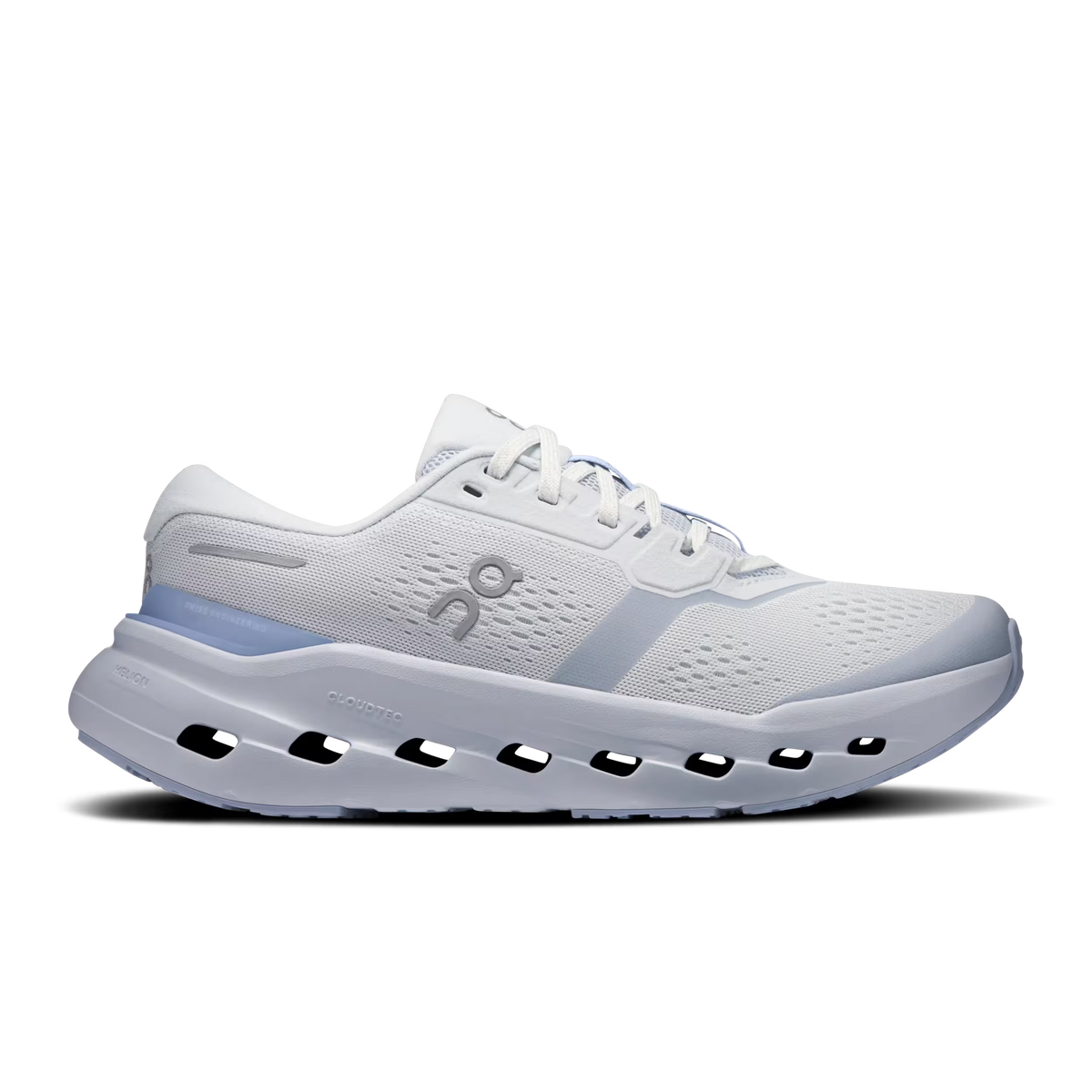 Women's On Running Cloudrunner 3. Light Grey upper. Light Blue midsole. Lateral view.
