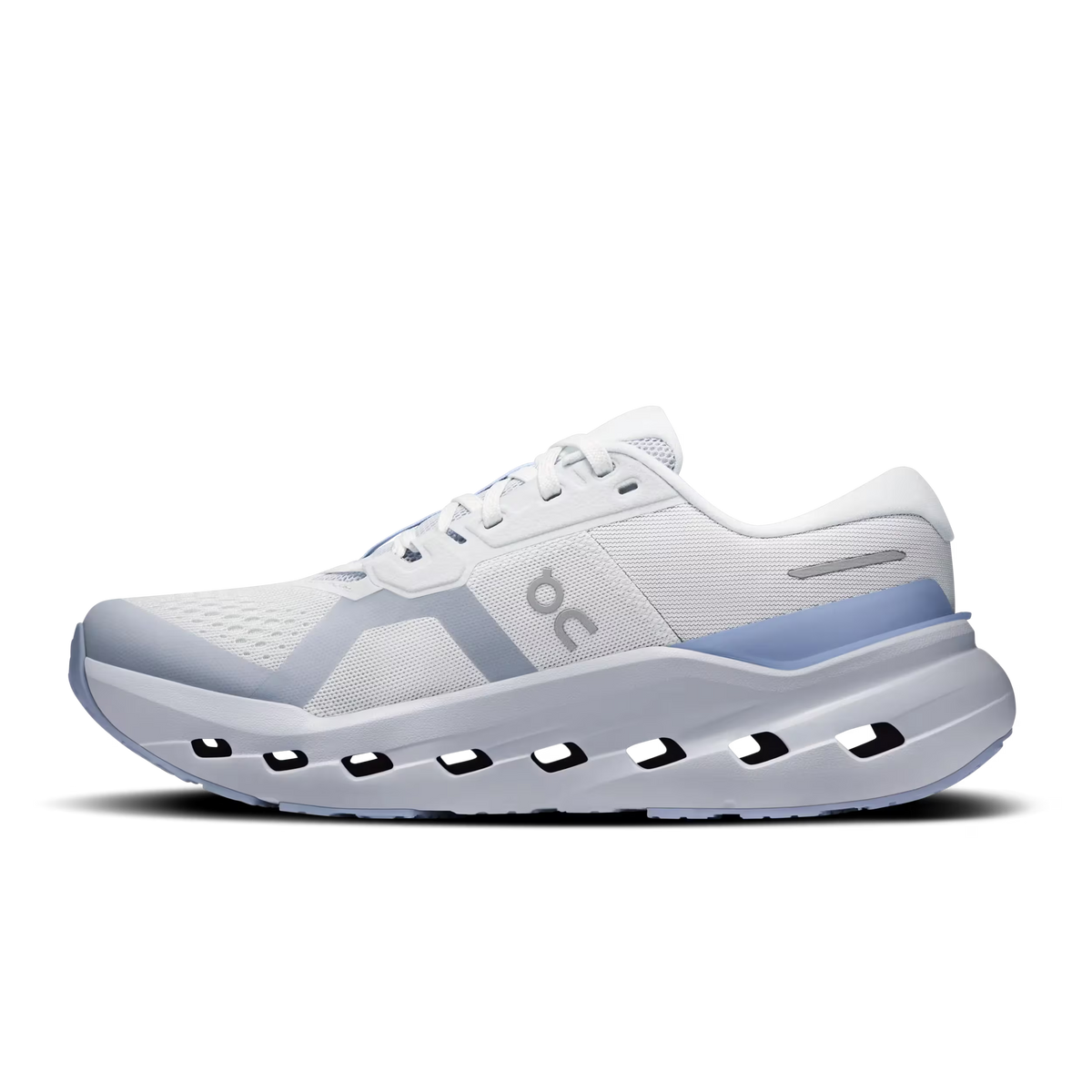 Women's On Running Cloudrunner 3. Light Grey upper. Light Blue midsole. Medial view.