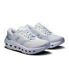 Women's On Running Cloudrunner 3. Light Grey upper. Light Blue midsole. Lateral view.
