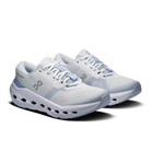 Women's On Running Cloudrunner 3. Light Grey upper. Light Blue midsole. Lateral view.