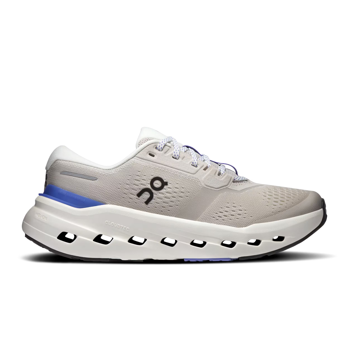 Women's On Running Cloudrunner 3. Light Grey upper. White midsole. Lateral view.