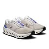 Women's On Running Cloudrunner 3. Light Grey upper. White midsole. Lateral view.