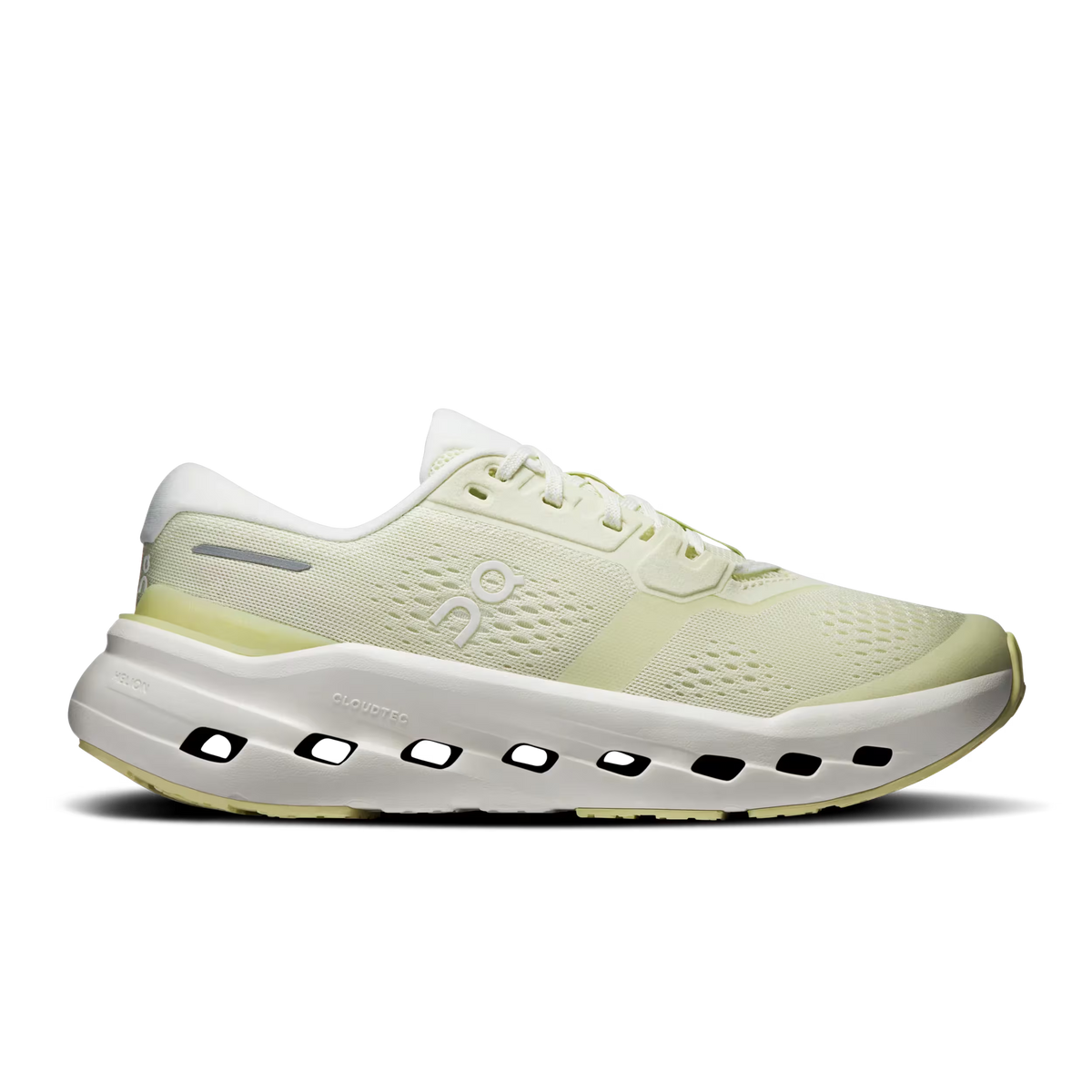Women's On Running Cloudrunner 3. Light Yellow upper. White midsole. Lateral view.