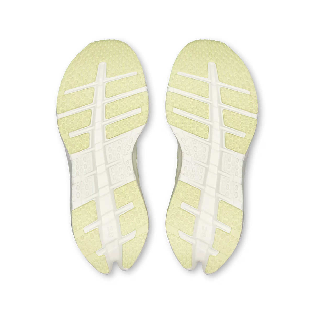 Women's On Running Cloudrunner 3. Light Yellow upper. White midsole. Bottom view.